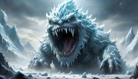 An icy colossus beast towers amid a frozen wasteland, its glacial hide shimmering like jagged crystal under a muted sun. Golden eyes pierce the frosty haze, while its cavernous maw reveals rows of frost-tipped fangs. Each thunderous step cracks the ice beneath, sending tremors across a desolate expanse of jagged peaks and frozen plains. This primordial beast embodies nature’s raw, unyielding power. Ai generated image.