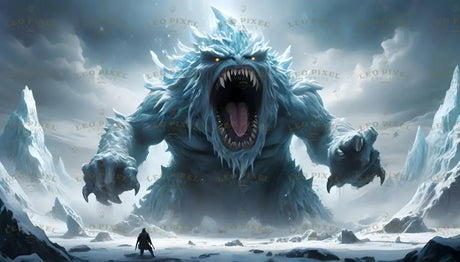 An enormous, frost-covered beast towers menacingly amidst an icy wasteland, its glowing amber eyes and jagged teeth emanating pure ferocity. The ground quakes beneath its massive claws, shrouded in a haze of snow and mist. A lone figure, dwarfed by its size, stands defiantly, weapon in hand, facing this monstrous embodiment of raw, frozen power in an unforgiving arctic expanse. Ai generated image.