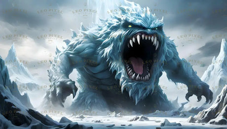 An immense icy colossus beast emerges from the snowy expanse, its jagged spikes glittering like frozen shards under pale light. With glowing eyes, razor-sharp fangs, and colossal claws poised for destruction, it roars with primal ferocity. Towering peaks frame the scene, while the frozen wasteland trembles under its massive weight, evoking awe and fear in equal measure. Ai generated image.