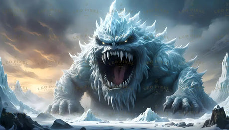 Rising from the frozen expanse, the icy colossus looms, its hulking form crowned with jagged, frostbitten spines. Its glowing yellow eyes pierce through the twilight haze, radiating malice. A cavernous maw lined with glistening, razor-sharp teeth emits a guttural roar. Massive, clawed hands crush the brittle ice below as it strides through the desolate landscape, embodying raw, primal power. Ai generated image.