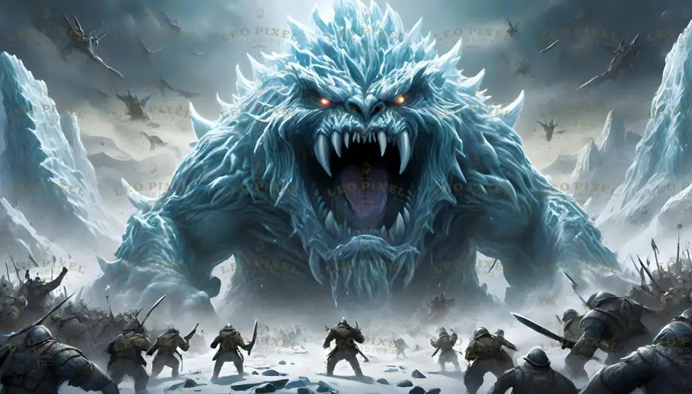 A monstrous colossus towers over the icy battlefield, its frosted fur gleaming as shards of ice cascade from its body. Its fiery eyes lock onto an advancing army, their steel weapons appearing feeble against its immense size. The air is thick with tension as its roar reverberates through the frozen peaks, and warriors brace themselves for an inevitable clash of mortal courage against primal fury. Ai generated image.