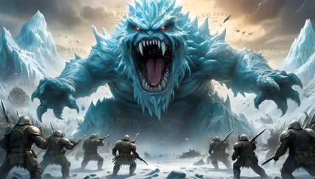 A titanic icy beast emerges in terrifying glory, its frosty spikes catching the dim sunlight. Its crimson eyes blaze against the pale snow as a chilling roar echoes through the frozen battlefield. Soldiers in gleaming armor brace themselves, spears and swords raised, as the monster’s colossal claws crush the icy terrain. The air hangs heavy with the tension of an epic showdown between man and monster. Ai generated image.