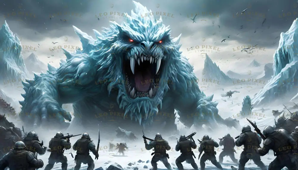 A monstrous icy colossus towers over the frozen battlefield, its glowing red eyes burning with rage and jagged teeth gleaming in the pale light. Soldiers brace for a futile stand, their weapons dwarfed by the beast's hulking, frost-laden frame. Jagged peaks and stormy skies mirror the chaos below as the ground quakes under the giant's advance. An epic clash between man and frozen fury looms. Ai generated image.