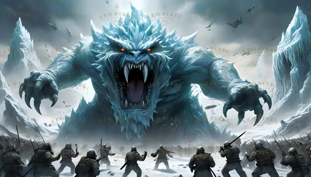 A gargantuan icy colossus beast, its crystalline spikes glistening under a dim sky, roars ferociously, revealing jagged teeth and fiery red eyes. Soldiers, armed but dwarfed by its massive frame, brace for an epic battle. The frozen terrain is littered with shattered ice as the creature's claws crash down, embodying nature's fury and the relentless courage of humanity in an unforgiving wilderness. Ai generated image.