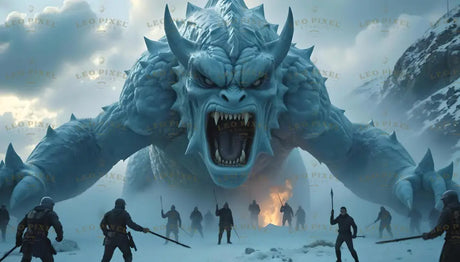 The image portrays a colossal icy beast with frost-crusted horns and a massive, muscular frame, dominating a misty, snow-laden battlefield. Its jagged claws stretch forward as it lets out a deafening roar, revealing rows of razor-sharp teeth. Surrounding the beast, brave soldiers in armor and armed with spears and weapons confront the creature, their silhouettes dwarfed by its immense, glacial form. Ai generated image. Photography style.