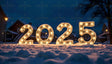 Golden "2025" numbers glow warmly in the serene setting of a snow-covered village under a deep blue evening sky. Surrounded by cozy homes and twinkling streetlights, the illuminated display creates a festive and magical atmosphere. The scene blends winter tranquility with the joyful anticipation of a bright new year. Ai generated image.