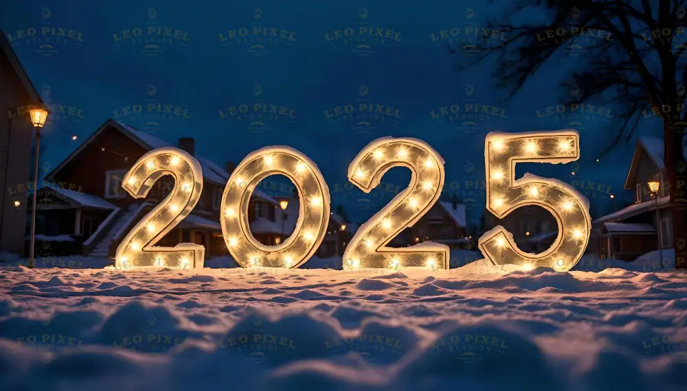 Golden "2025" numbers glow warmly in the serene setting of a snow-covered village under a deep blue evening sky. Surrounded by cozy homes and twinkling streetlights, the illuminated display creates a festive and magical atmosphere. The scene blends winter tranquility with the joyful anticipation of a bright new year. Ai generated image.