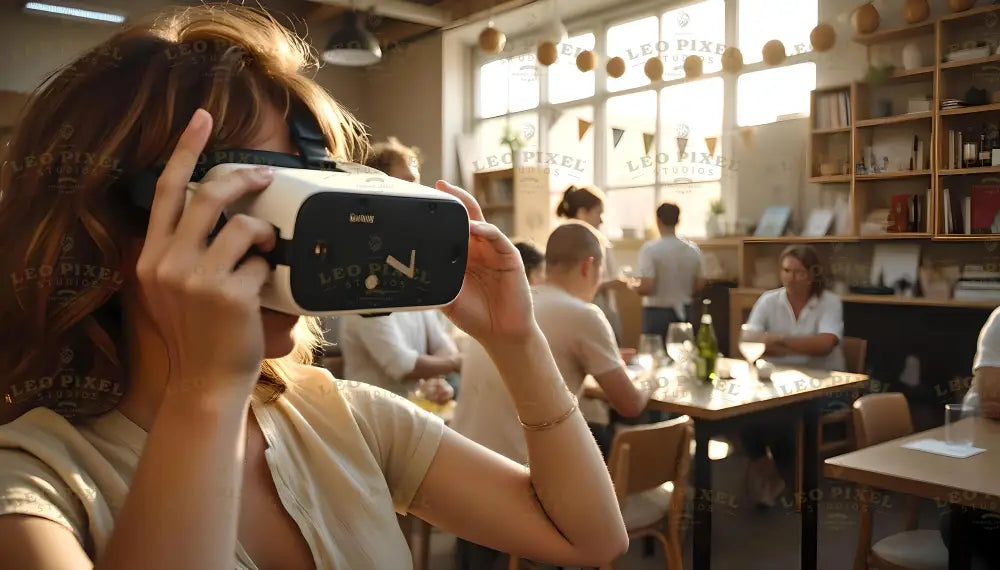 A young woman explores virtual reality using a sleek headset in a lively café. Sunlight pours through tall windows, illuminating the warm, bustling space filled with patrons enjoying conversations and drinks. The contrast between the futuristic technology and the cozy café ambiance creates a unique blend of innovation and social connection. Ai generated image.