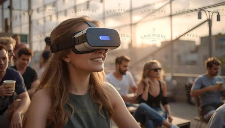 This image captures a young woman enjoying a VR headset experience in an open-air setting. Her smile reflects excitement and wonder as she explores virtual worlds. Surrounded by casually seated people enjoying the sunset-lit atmosphere, the scene highlights the integration of advanced technology into everyday social environments, blending innovation with relaxation. Ai generated image.