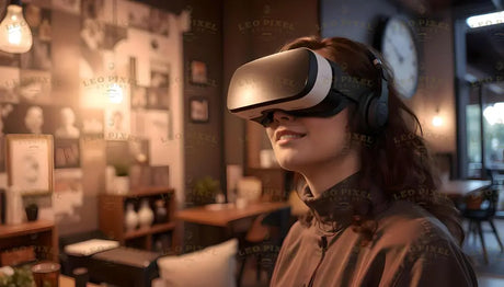 A young woman enjoys a virtual reality experience in a cozy café. The soft glow of warm lighting reflects on her VR headset, while artistic décor, framed photos, and a wall clock add charm to the background. Her smile captures the delight of blending technology and relaxation in a social space. Ai generated image.