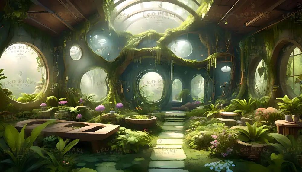 A lush indoor garden is bathed in natural light streaming through circular windows and a glass ceiling. The walls and ceiling are adorned with moss and vines, blending seamlessly with the greenery below. Stone pathways lead through vibrant flowers, potted plants, and wooden furniture, creating a tranquil, earthy atmosphere. Soft sunlight enhances the natural textures and colors. Ai generated. Digital art style.