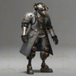 This cyberpunk character exudes functionality and adaptability, clad in a rugged trench coat adorned with brass accents and reinforced joints. Mechanical enhancements on the arms and legs hint at a history of field operations in harsh, dystopian environments. Equipped with advanced optics and respirators, this operative is primed for reconnaissance, repair, or infiltration missions. Ai generated image.