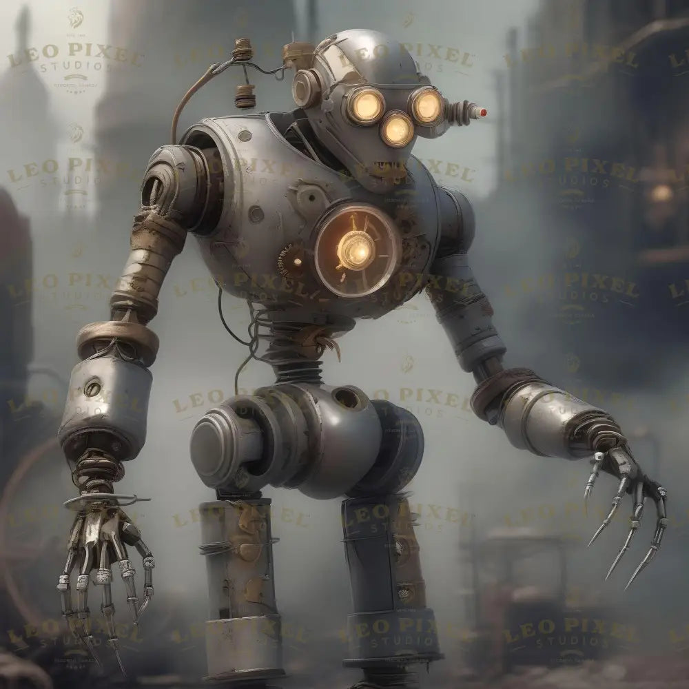 A towering cyberpunk robot with a retro-industrial design stands amidst a dystopian backdrop. Its bulbous torso is illuminated by a glowing central light, while articulated limbs feature mechanical joints and clawed hands, exuding a blend of precision and power. Multiple glowing eyes and exposed wiring hint at its multifaceted capabilities and post-apocalyptic resilience. Ai generated image.