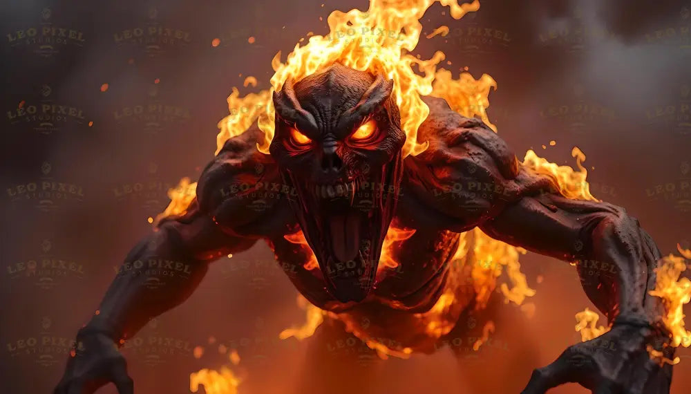 Molten flames engulf the hulking figure of the Infernal Colossus Beast, its charred, sinewy body radiating blistering heat. Crimson eyes blaze with malevolence, and its jagged maw emits an unearthly roar, spewing sparks and embers. Its massive claws, wreathed in fire, carve through the smoky atmosphere, while ash and cinders swirl in its wake, painting a vivid picture of fiery destruction. Ai generated.