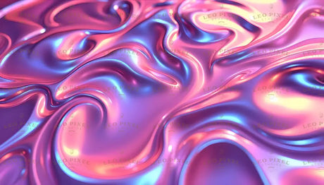 Digital image featuring a smooth, flowing surface with an iridescent texture in shades of pink, purple, and blue. The glossy, liquid-like material forms organic curves and waves, reflecting soft highlights. The interplay of colors creates depth, with metallic reflections enhancing the three-dimensional appearance. The composition is balanced, with the fluid patterns evenly distributed across the frame. Ai generated. Photography style.