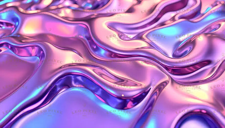 Digital image featuring a smooth, flowing surface with an iridescent texture in shades of pink, purple, and blue. The glossy, liquid-like material forms organic curves and waves, reflecting soft highlights. The interplay of colors creates depth, with metallic reflections enhancing the three-dimensional appearance. The composition is balanced, with the fluid patterns evenly distributed across the frame. Ai generated. Photography style.