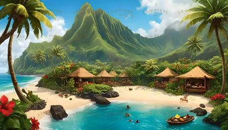 Thatched huts line a pristine tropical beach bordered by turquoise waters. Towering green mountains rise in the background, with vibrant red flowers and lush palm trees scattered across the foreground. A small wooden boat loaded with fruits floats near the shore, and the calm sea is dotted with swimmers enjoying the idyllic scenery. Ai generated. Digital art style.