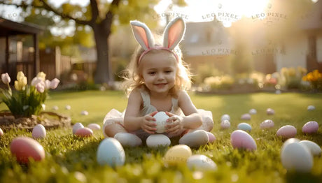 The image shows a smiling young child wearing bunny ears, sitting on a sunlit lawn surrounded by pastel-colored Easter eggs. The child is holding a white egg, dressed in a light, airy outfit. The grassy yard is dotted with colorful flowers, and the background features trees, a house, and soft sunlight, creating a warm and cheerful atmosphere that highlights the festive Easter theme. Ai generated. Photography style.