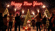 A festive group gathers around a beautifully decorated Christmas tree, holding sparklers aloft to celebrate the New Year. Vibrant fireworks light up the night sky, while a glowing "Happy New Year" sign shines brightly above the scene. A cheerful snowman surrounded by gifts adds charm to the celebration. Warm smiles, cozy lights, and the festive atmosphere capture the excitement and togetherness of welcoming the New Year in a magical and joyous setting. Ai generated image.