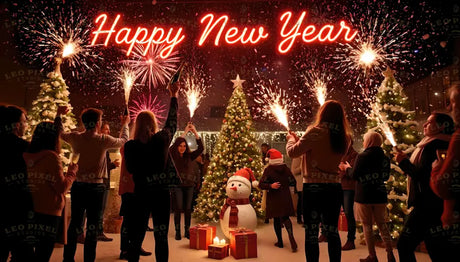 A festive group gathers around a beautifully decorated Christmas tree, holding sparklers aloft to celebrate the New Year. Vibrant fireworks light up the night sky, while a glowing "Happy New Year" sign shines brightly above the scene. A cheerful snowman surrounded by gifts adds charm to the celebration. Warm smiles, cozy lights, and the festive atmosphere capture the excitement and togetherness of welcoming the New Year in a magical and joyous setting. Ai generated image.