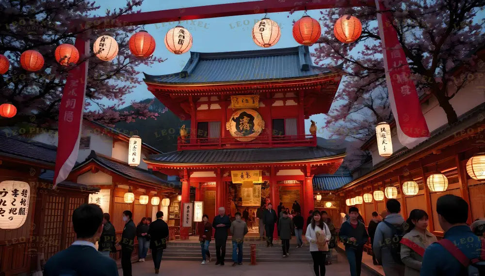 A beautiful temple adorned with vibrant red accents comes alive at dusk, framed by glowing lanterns and blooming cherry blossoms. Visitors stroll through the illuminated grounds, enjoying the serene yet lively atmosphere. The traditional architecture and festive decorations create a harmonious blend of cultural heritage and community spirit, celebrating the timeless charm of Japanese traditions. Ai generated image.