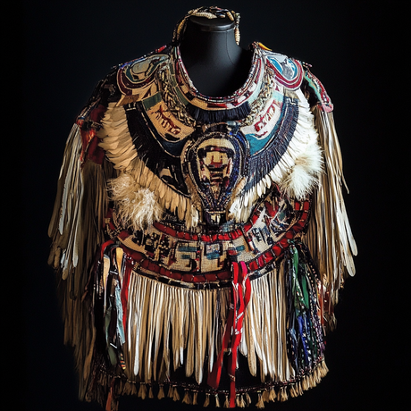 A traditional Indigenous regalia piece displayed on a black mannequin, adorned with intricate beadwork in red, blue, white, and black. The garment features an elaborate motif at the chest, bordered by layers of feathers, long fringe, and decorative ribbons. The craftsmanship reflects ceremonial and cultural significance.