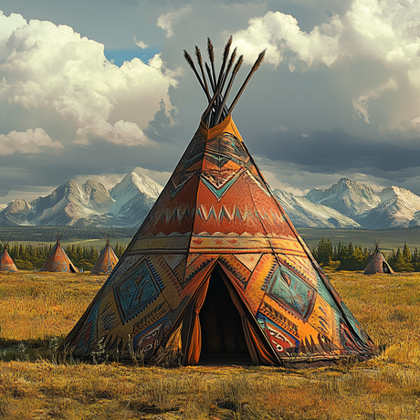 A traditional Indigenous teepee stands in a golden field, decorated with intricate geometric patterns in red, blue, and orange tones. Surrounded by several smaller teepees, it sits under a dramatic sky with billowing clouds. Snow-capped mountains and dense pine forests rise in the background, creating a majestic natural setting.