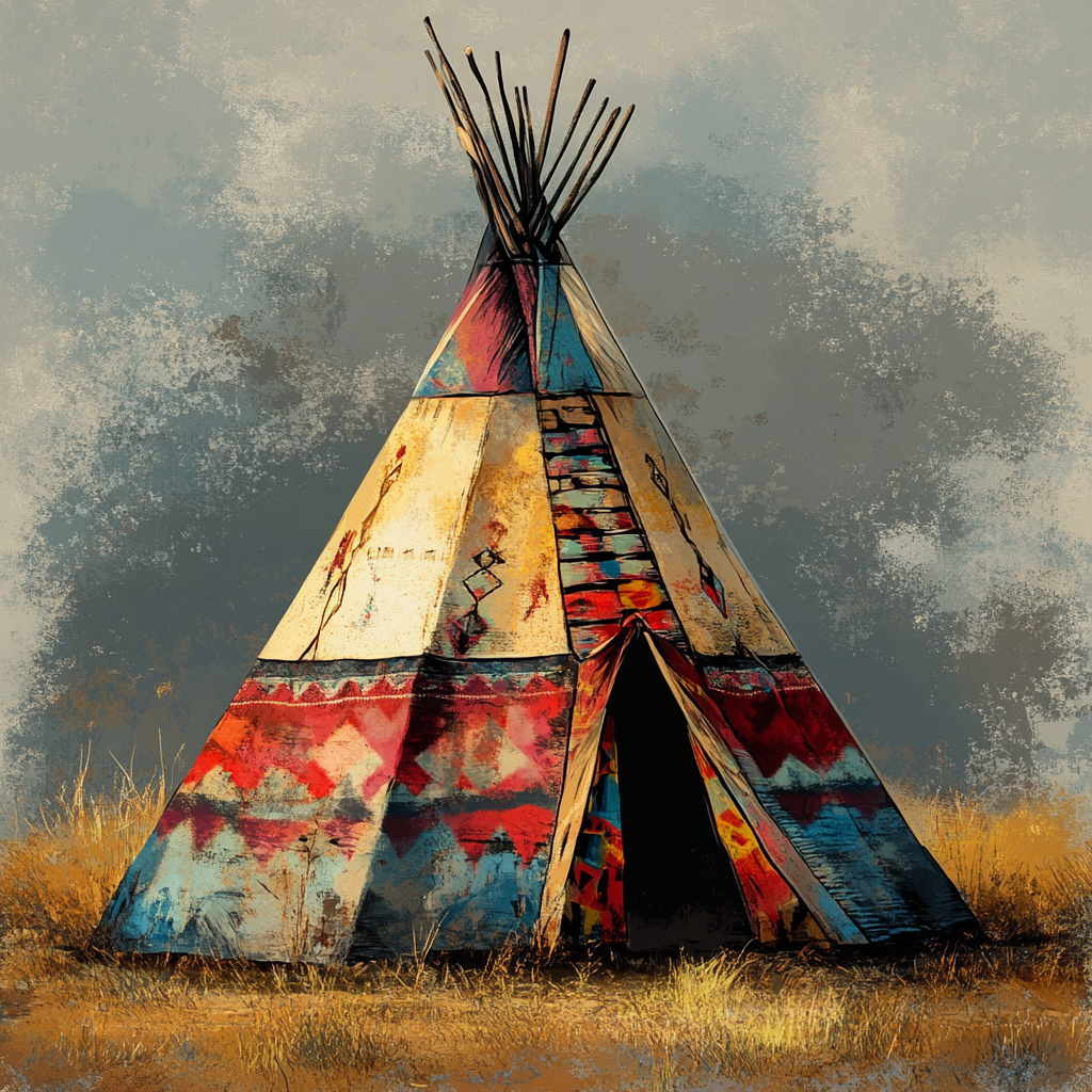 A traditionally styled tipi stands on a dry, grassy plain under a cloudy sky, rendered in a digital painting style. The tipi is adorned with vivid red, blue, and cream panels featuring geometric patterns, stylized human figures, and symbolic motifs. Wooden poles extend from the top, forming a cone structure.