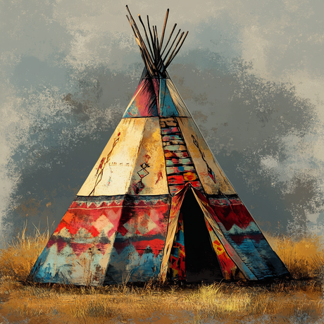 A traditionally styled tipi stands on a dry, grassy plain under a cloudy sky, rendered in a digital painting style. The tipi is adorned with vivid red, blue, and cream panels featuring geometric patterns, stylized human figures, and symbolic motifs. Wooden poles extend from the top, forming a cone structure.