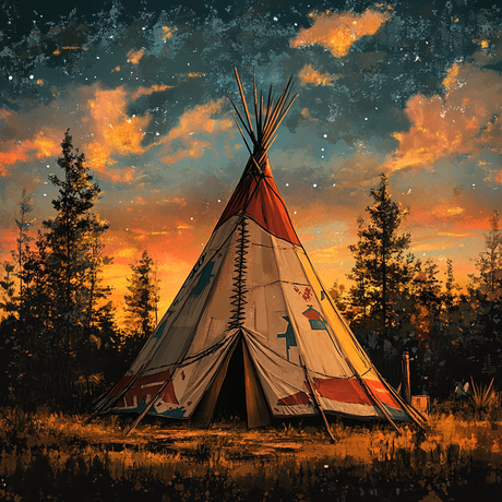 An illustrated tipi stands centered in a clearing, its canvas adorned with red, blue, and cream geometric designs. Surrounding the tipi are tall pine trees under a twilight sky filled with stars and scattered orange-pink clouds, creating a dramatic contrast between the warm sunset glow and deepening night tones.