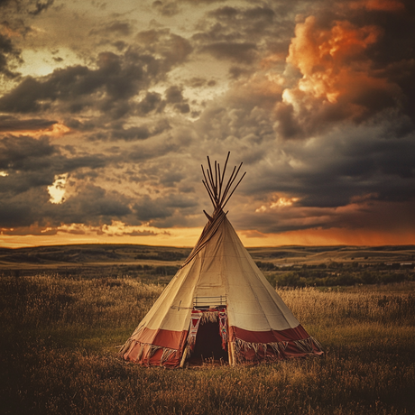 A traditional Indigenous teepee stands alone in a golden grassy field, set against a dramatic sky filled with thick, swirling clouds illuminated by the deep orange and amber hues of a vivid sunset. The cone-shaped structure features a red band near the base, and wooden poles extend from the top, silhouetted against the sky.