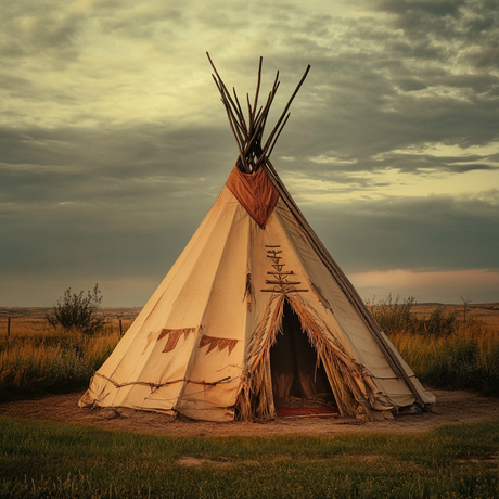 A traditional Indigenous tipi stands on a grassy plain under a cloudy sky with soft dusk lighting. The tipi features a tan canvas exterior with reddish-brown accents and decorative stitching along the front flap. Wooden support poles extend from the top, fanning outward. The landscape is open with sparse vegetation and distant hills.