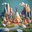 A 3D cartoon-style scene featuring a cozy village of colorful tipis glowing warmly from within. The village is set among lush green grass, stone paths, small trees, and large rounded boulders. Towering, soft-edged mountains rise in the background under a teal sky with fluffy clouds.