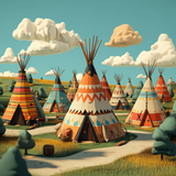 A 3D cartoon-style village of vividly patterned tipis stretches across golden grassy fields. Each tipi is decorated with bright geometric designs in shades of orange, blue, red, and cream. Fluffy, stylized clouds drift across a clear teal sky, and small rounded trees dot the gently rolling landscape.