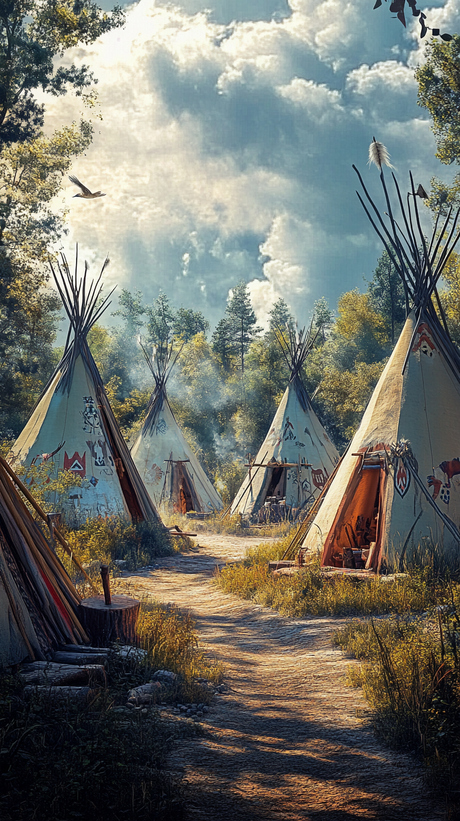 Several traditional tipis stand along a winding dirt path in a dense forest clearing, with sunlight filtering through tall trees. The tipis are decorated with symbolic artwork and have open entrances showing warm interiors. Smoke rises gently in the background, and a bird soars under a sky filled with scattered clouds.
