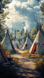 Several traditional tipis stand along a winding dirt path in a dense forest clearing, with sunlight filtering through tall trees. The tipis are decorated with symbolic artwork and have open entrances showing warm interiors. Smoke rises gently in the background, and a bird soars under a sky filled with scattered clouds.