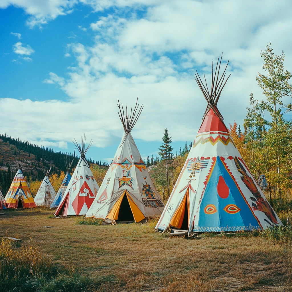 A row of traditional Indigenous tipis is arranged on grassy land bordered by trees and forested hills. Each tipi is decorated with bright, colorful patterns and symbolic artwork, including geometric shapes, animals, and cultural motifs. The sky above is mostly clear with scattered clouds, enhancing the vibrant daytime setting.