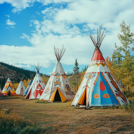A row of traditional Indigenous tipis is arranged on grassy land bordered by trees and forested hills. Each tipi is decorated with bright, colorful patterns and symbolic artwork, including geometric shapes, animals, and cultural motifs. The sky above is mostly clear with scattered clouds, enhancing the vibrant daytime setting.