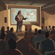 A Native American man in traditional attire stands in a warmly lit cartoon-style auditorium, addressing an audience seated on wooden benches. He gestures as he speaks, while a large screen behind him displays stylized Indigenous artwork. The scene is rendered in soft, simplified shapes and muted tones, enhancing the animated, illustrative quality.