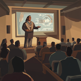 A Native American man in traditional attire stands in a warmly lit cartoon-style auditorium, addressing an audience seated on wooden benches. He gestures as he speaks, while a large screen behind him displays stylized Indigenous artwork. The scene is rendered in soft, simplified shapes and muted tones, enhancing the animated, illustrative quality.