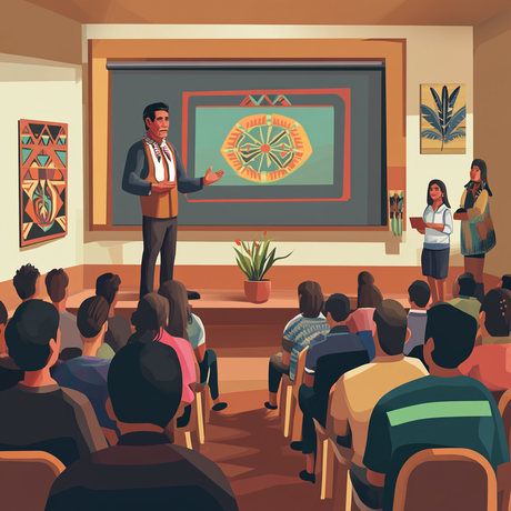 In this cartoon-style image, a Native American man stands on a small stage in a brightly lit auditorium, presenting to an attentive audience. Behind him is a large screen displaying a geometric Indigenous design. Two young women stand nearby, one holding a paper. The room features colorful artwork, potted plants, and stylized characters with smooth, bold outlines.