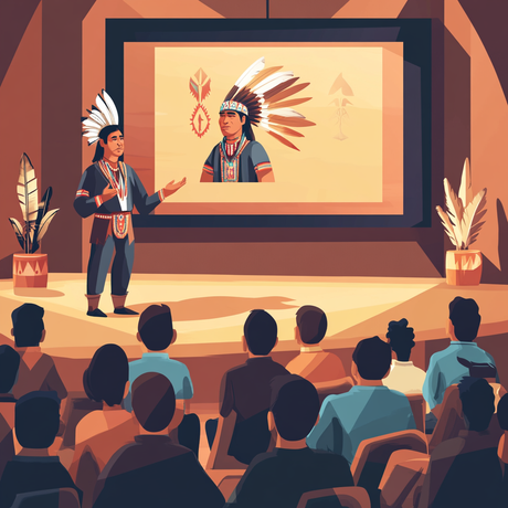 This cartoon-style image shows a Native American man wearing a feathered headdress and traditional attire, standing on a well-lit stage. Behind him, a large screen displays a similar portrait of a man in regalia with symbolic designs. The seated audience watches attentively. Decorative potted plants frame the scene on each side.