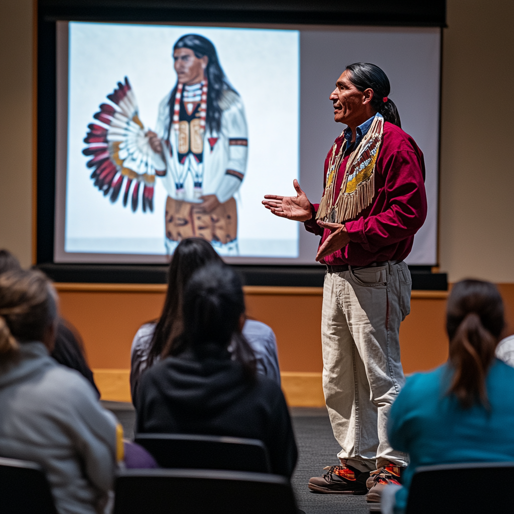 A Native American man stands in front of a seated audience in a modern auditorium, speaking and gesturing with open hands. He wears a red shirt, beige pants, and a beaded necklace with fringe. Behind him, a projected image shows a traditional figure in ceremonial clothing holding a feather fan. The setting is well-lit and focused on cultural presentation.