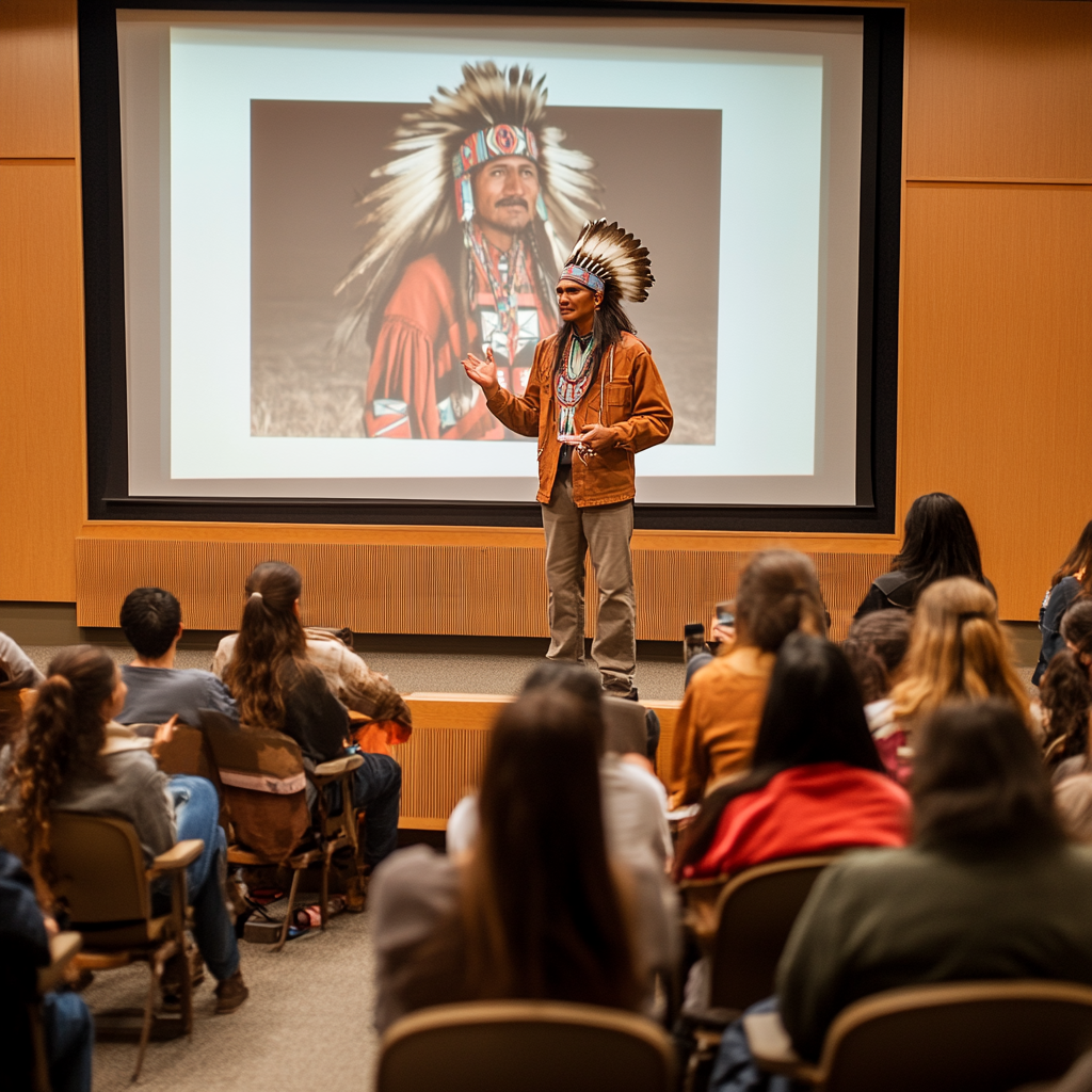 A Native American man stands on a stage addressing an audience seated in rows. He wears a feathered headdress, a tan jacket, a necklace, and beige pants. Behind him is a large screen displaying a photo of another man in traditional regalia with a similar headdress and red attire. The room has wood-paneled walls and a formal presentation setting.