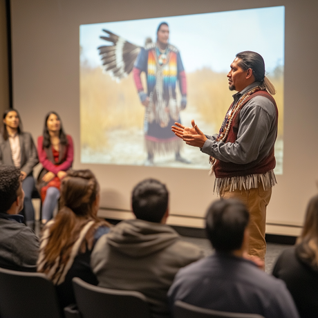 In this image, a Native American man stands before an audience in an auditorium, delivering a presentation. He wears traditional attire with fringe details and beaded accessories. Behind him, a projected image shows a man in colorful regalia with large feathered wings. The audience listens attentively in a modern indoor setting.