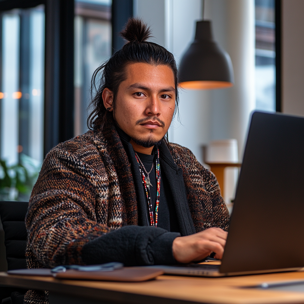 A young Indigenous man with long dark hair tied in a top knot sits at a desk in a modern office setting. He wears a patterned knit sweater over dark clothing, adorned with layered necklaces. He looks directly at the camera while using a laptop, with warm pendant lighting and large windows framing the scene.