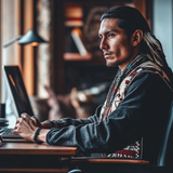 A man with long dark hair and a feather in it sits at a desk, working on a laptop in a warmly lit room. He wears a dark long-sleeve shirt and a traditional woven vest adorned with intricate red, cream, and teal patterns. Multiple strands of beaded necklaces are visible, and his expression is serious and focused. A lamp and blurred background suggest an indoor office or study.