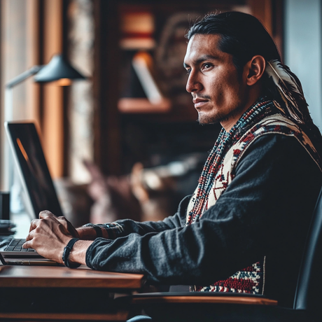 A man with long dark hair and a feather in it sits at a desk, working on a laptop in a warmly lit room. He wears a dark long-sleeve shirt and a traditional woven vest adorned with intricate red, cream, and teal patterns. Multiple strands of beaded necklaces are visible, and his expression is serious and focused. A lamp and blurred background suggest an indoor office or study.