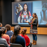 An Indigenous woman stands in front of a seated audience, speaking confidently with one hand gesturing outward. She wears a black coat with vibrant traditional patterns, blue jeans, and brown boots. Behind her, a large screen displays a photo of another Indigenous woman in traditional regalia with feathers and beadwork.
