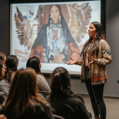 An Indigenous woman stands confidently in front of a seated audience, speaking with open hands. She wears a beige jacket adorned with traditional patterns, black pants, and beaded jewelry. Behind her, a large screen displays a vivid image of another Indigenous woman dressed in detailed ceremonial regalia with feathered wings.